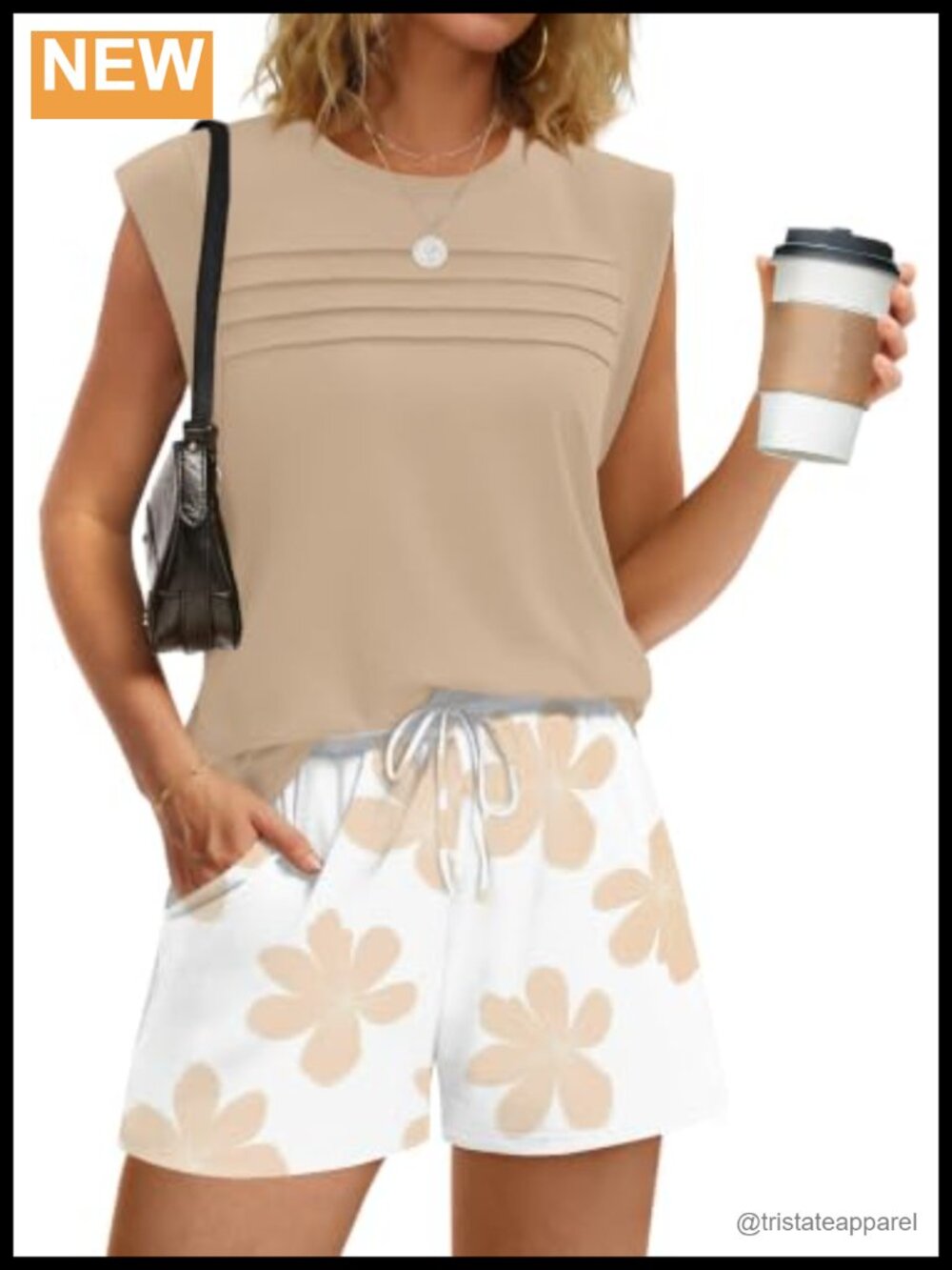 Two Piece Short Set Womens Sleeveless Top Drawstring Shorts Pockets Casual